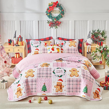 Queen Christmas Quilt Set Pink Plaid Patchwork with Gingerbread Man & Trees - Reversible Gingham Design, 100% Microfiber