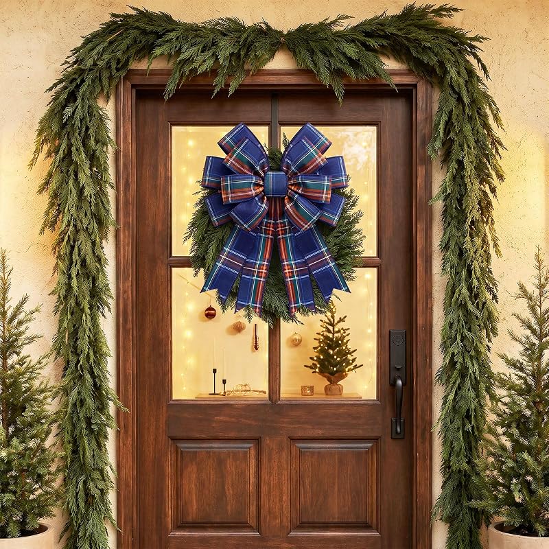 Navy Blue Plaid Wreath Bow, 17.7 x 14.5 in | Large Tartan Burlap Christmas Decor - Variation: Navy Blue