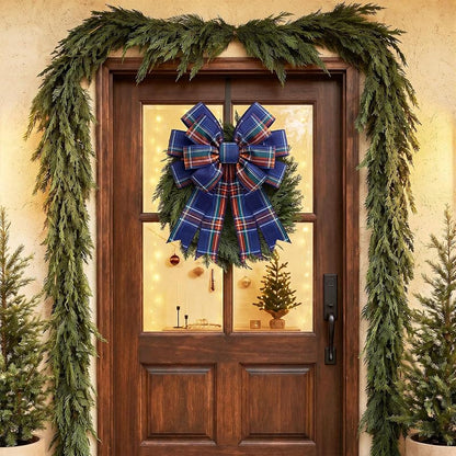 Navy Blue Plaid Wreath Bow, 17.7 x 14.5 in | Large Tartan Burlap Christmas Decor - Variation: Navy Blue