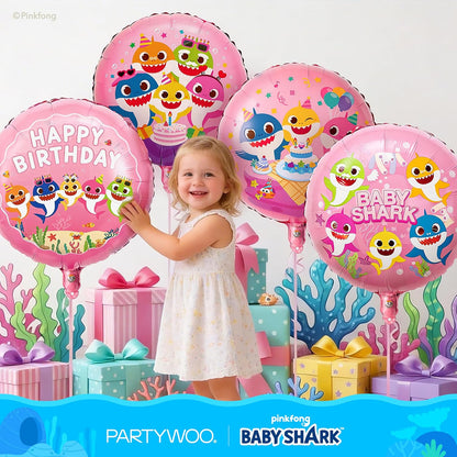 PartyWoo Baby Shark Family Foil Balloons - 13pcs Pink Round & Star Mylar Helium Balloons for Kids' Birthday Party Decorations