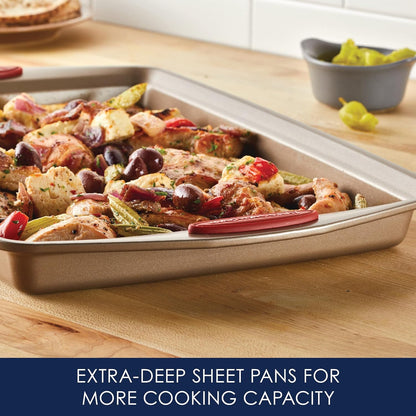 Rachael Ray Cucina Nonstick Bakeware Set - 10-Piece Baking Essentials in Latte Brown with Cranberry Red Grips