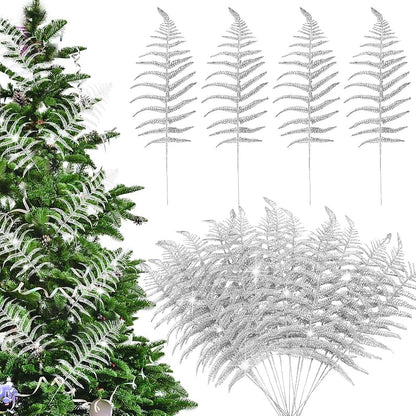 Christmas Glitter Leaves Picks 20 Pcs - Silver Abstract Leaves for Tree, Wreaths, Decor (Variation: Silver+20)