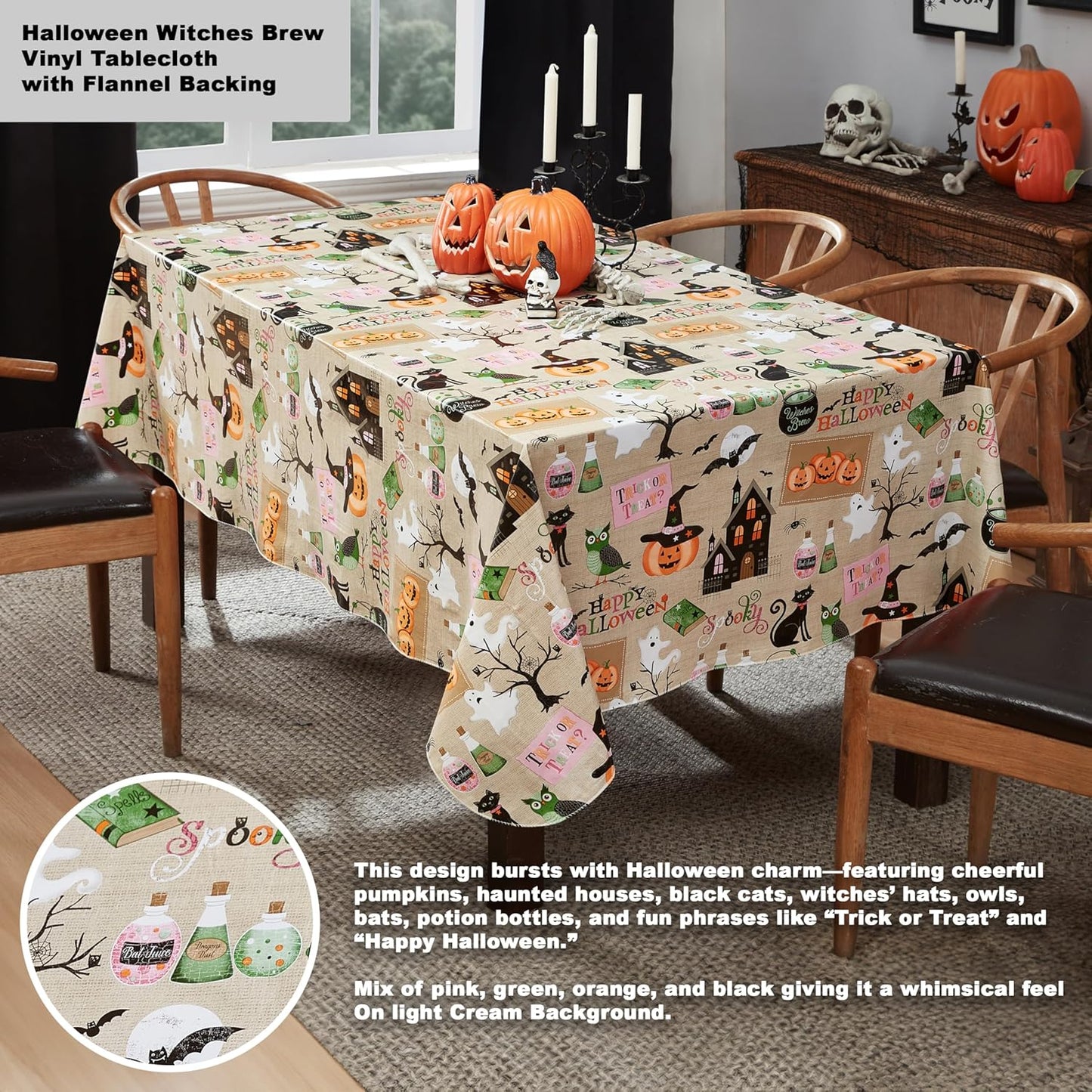 Newbridge Halloween Tablecloth - Witches Brew Design | 52 x 52 Inch Vinyl with Flannel Backing