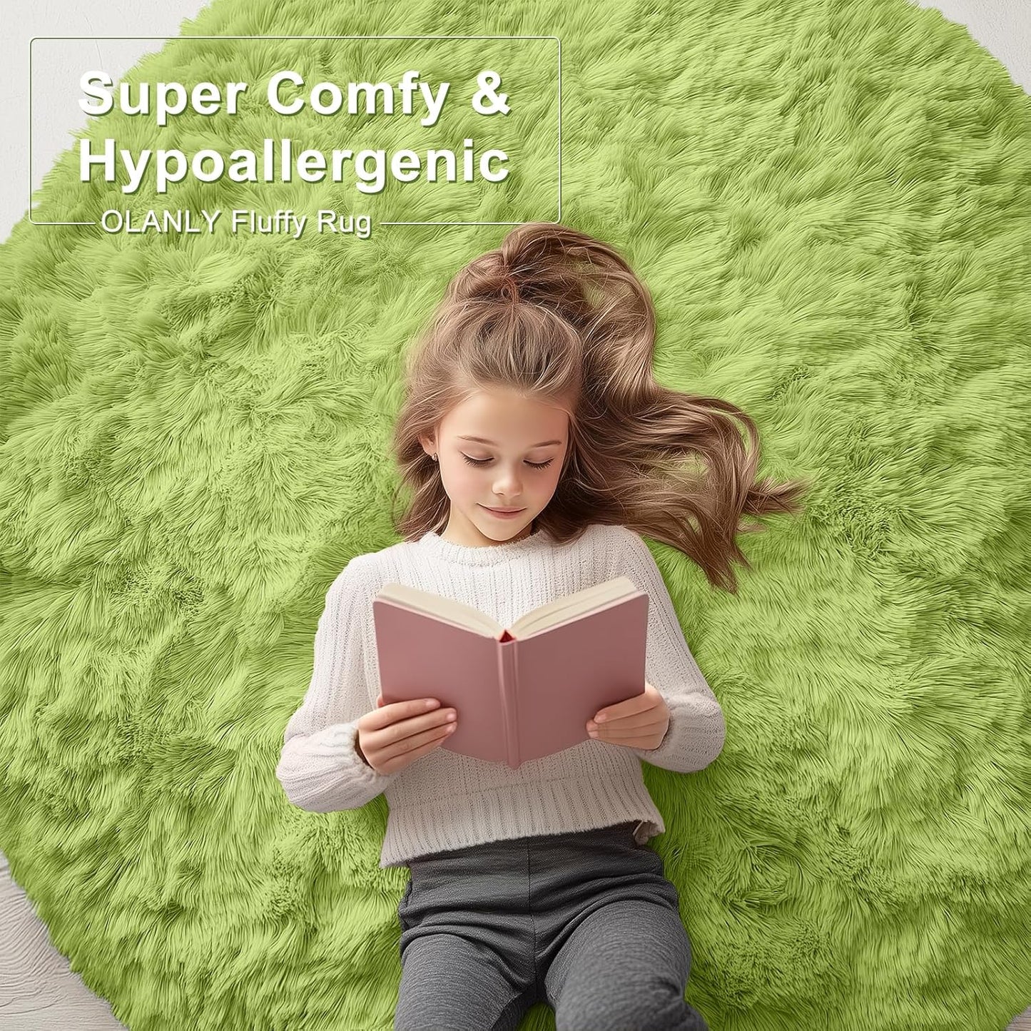 OLANLY Round Grass Green Rug - Soft, Fluffy Shaggy Carpet for Bedroom | 2 ft Machine Washable Area Rug