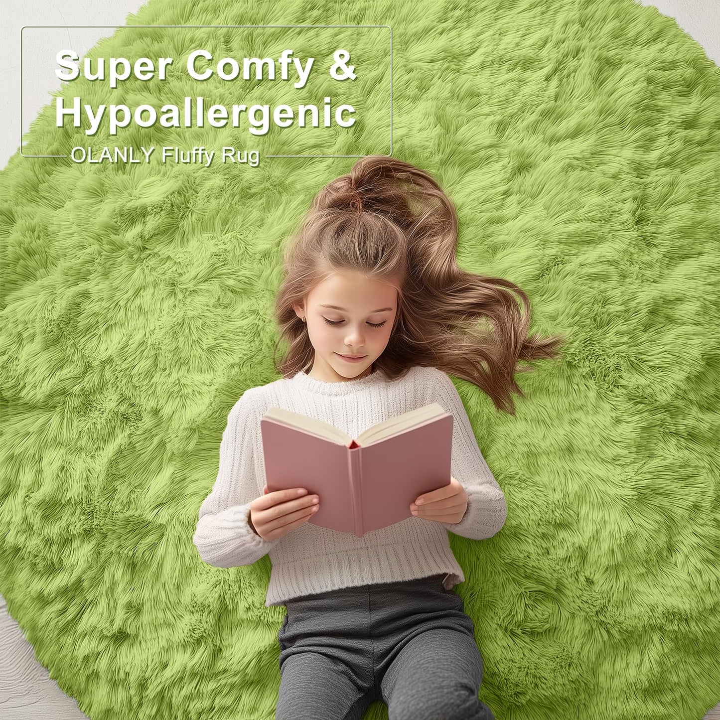 OLANLY Grass Green Round Rugs for Bedroom - Machine Washable, 4 ft Circle Area Rugs for Living Room, Soft and Fluffy Shaggy Carpet for Teen Girls and Boys, Nursery Rooms, Dorms, Home Decor Aesthetic