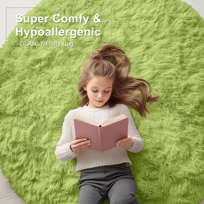 OLANLY Grass Green Round Rugs for Bedroom - Machine Washable, 4 ft Circle Area Rugs for Living Room, Soft and Fluffy Shaggy Carpet for Teen Girls and Boys, Nursery Rooms, Dorms, Home Decor Aesthetic