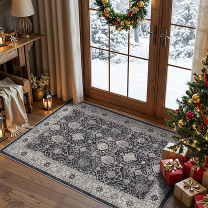 Skiennix Washable 3x4 Entryway Area Rug - Ultra Soft, Anti-Slip Low Pile Carpet for Indoor Use | Black