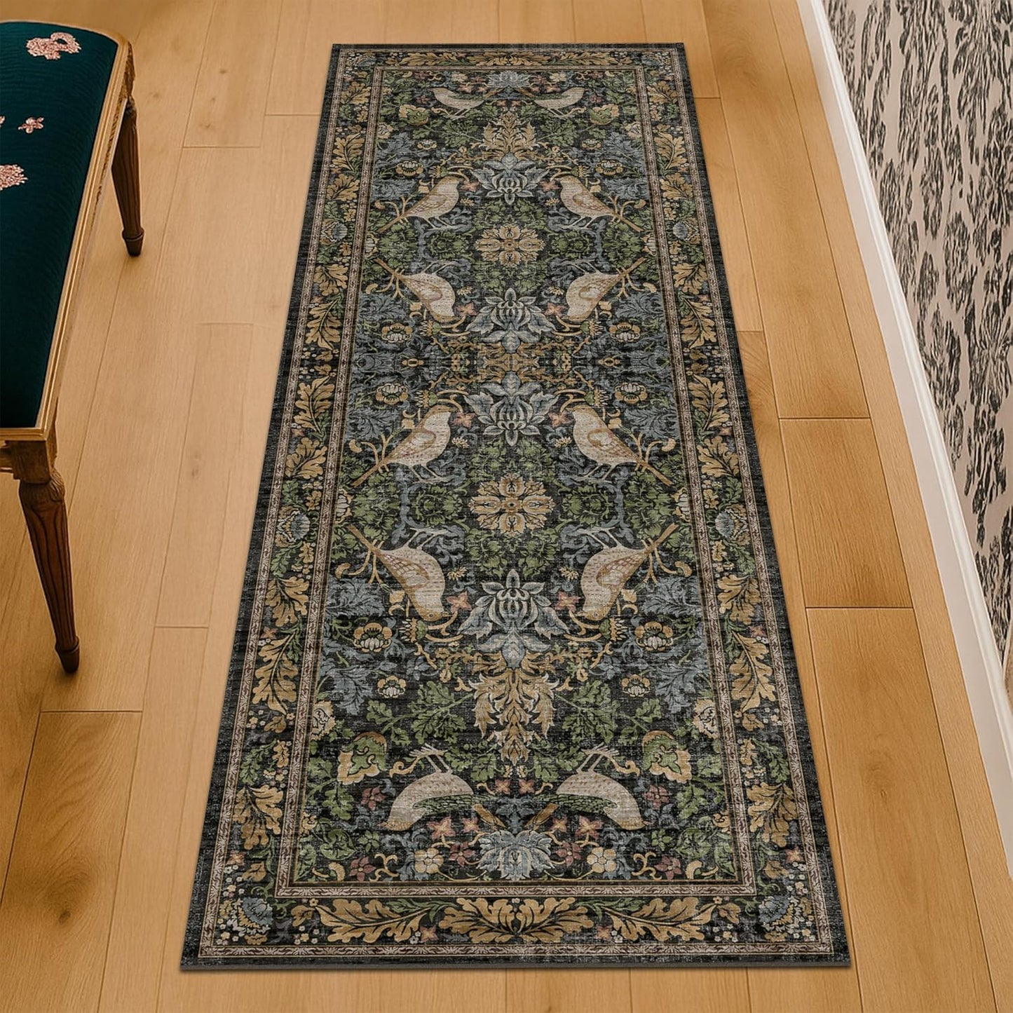 Skiennix Floral Kitchen Runner Rug - Boho Birds & Leaves Pattern | 2x6 Non-Slip, Washable Design for Hallway & Entryway