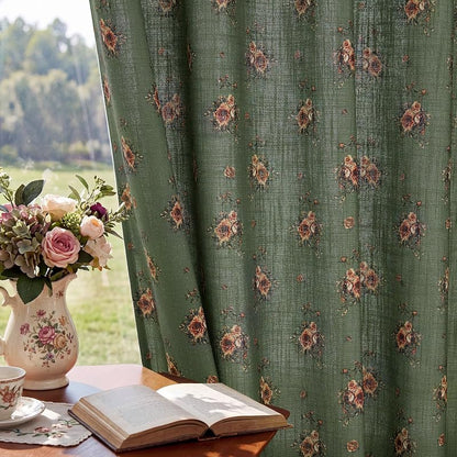 StangH Vintage Green Floral Linen Curtains 84-Inch Long, 2 Panels – Rose on Green Variation