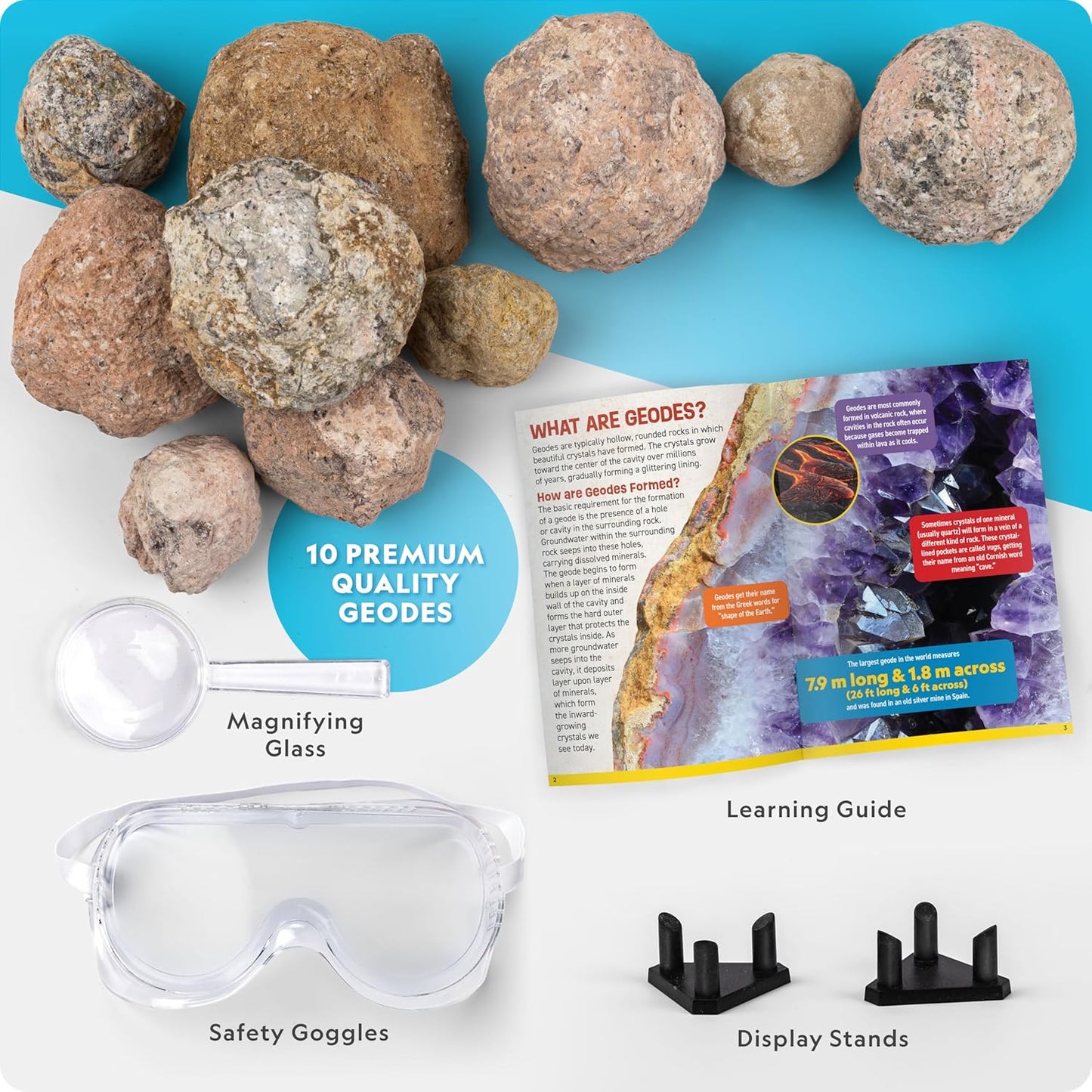 National Geographic Break Open Geodes Kit - 10 Premium Geodes with Goggles & Display Stands | Perfect STEM Science Gift for Kids