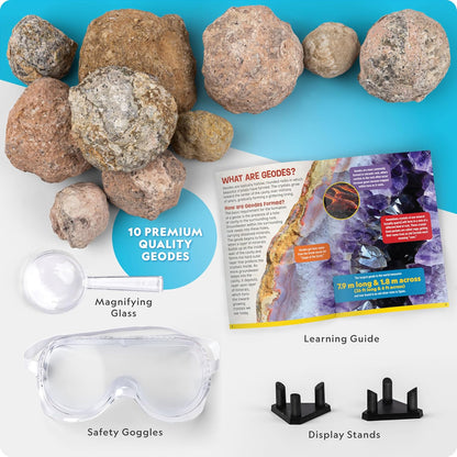 National Geographic Break Open Geodes Kit - 10 Premium Geodes with Goggles & Display Stands | Perfect STEM Science Gift for Kids