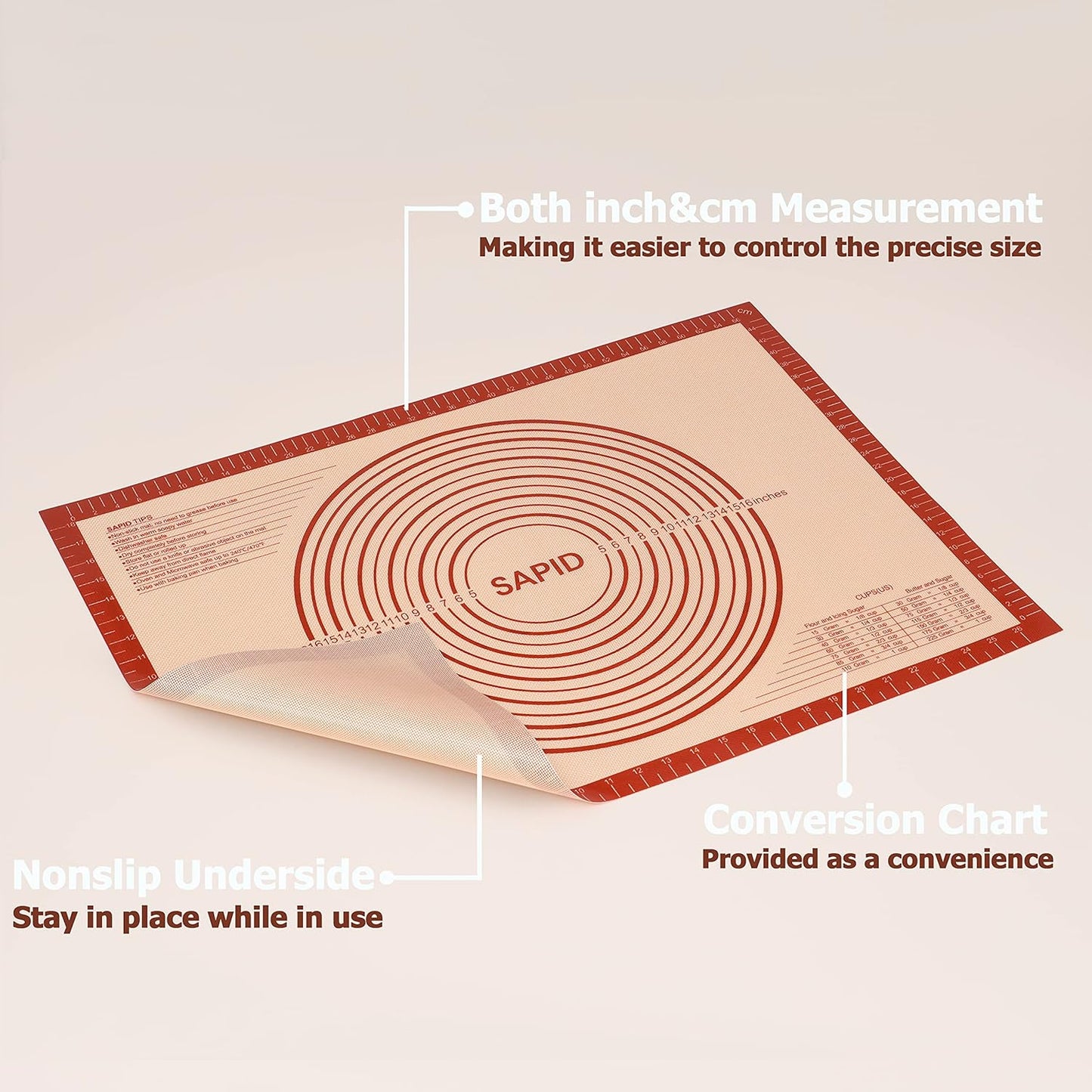 Sapid Extra Thick Silicone Pastry Mat - Non-Slip Baking Mat with Measurements | Extra Large 20" x 28", Red