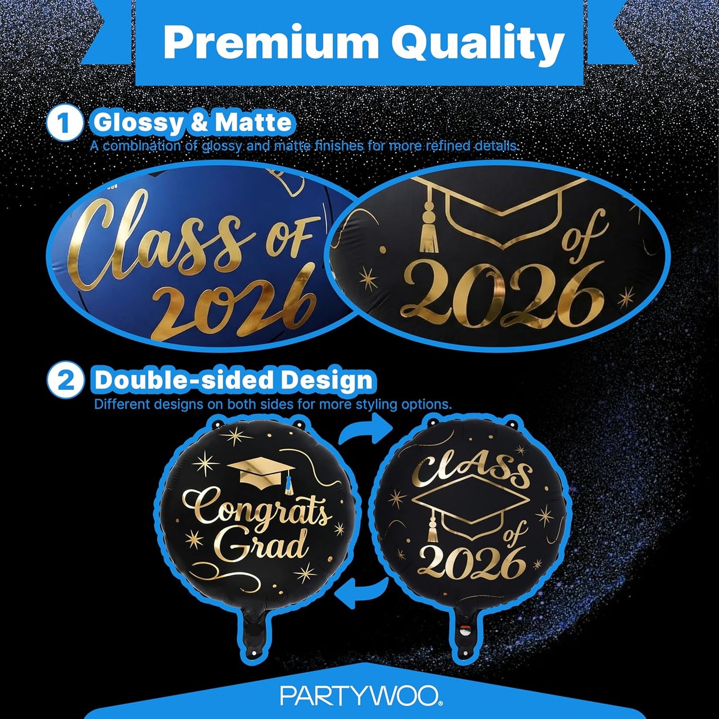PartyWoo Graduation Balloons - Class of 2026 Foil Number & Mylar Balloons | 12pcs in Black, Blue & Gold