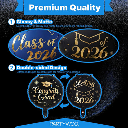 PartyWoo Graduation Balloons - Class of 2026 Foil Number & Mylar Balloons | 12pcs in Black, Blue & Gold