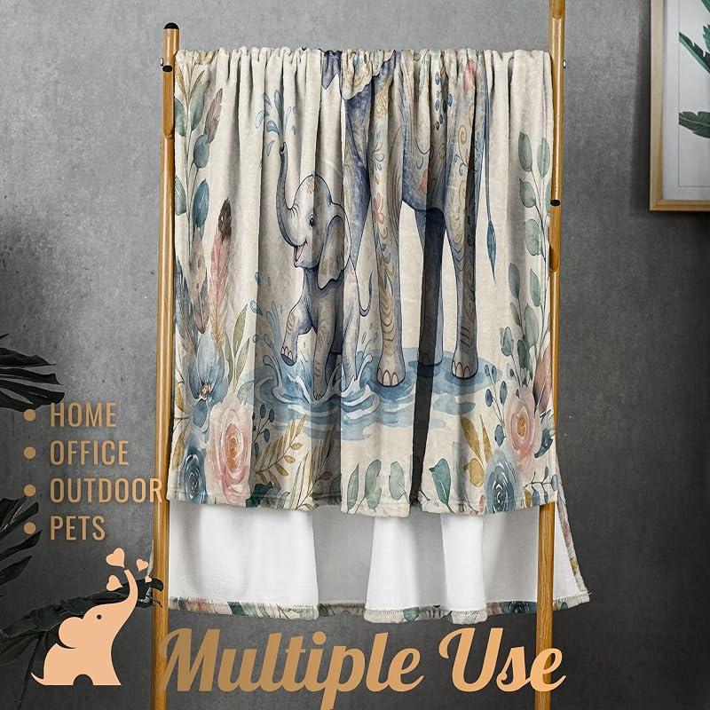 60x80 Inch Elephant Floral Throw Blanket - Soft Flannel Blanket for Women