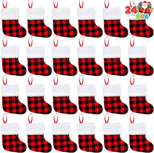 JOYIN 24 PCS Mini Christmas Stockings - Red Black Plaid Decor for Tree & Holiday Parties
