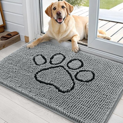 OLANLY Dog Door Mat for Muddy Paws 36x24, Paw Print Design, Absorbs Moisture and Dirt, Absorbent Non-Slip Washable Doormat, Quick Dry Chenille Mud Mat for Dogs, Entry Indoor Entryway Carpet, Grey