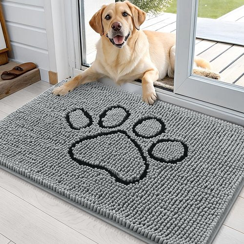 OLANLY Dog Door Mat for Muddy Paws 36x24, Paw Print Design, Absorbs Moisture and Dirt, Absorbent Non-Slip Washable Doormat, Quick Dry Chenille Mud Mat for Dogs, Entry Indoor Entryway Carpet, Grey