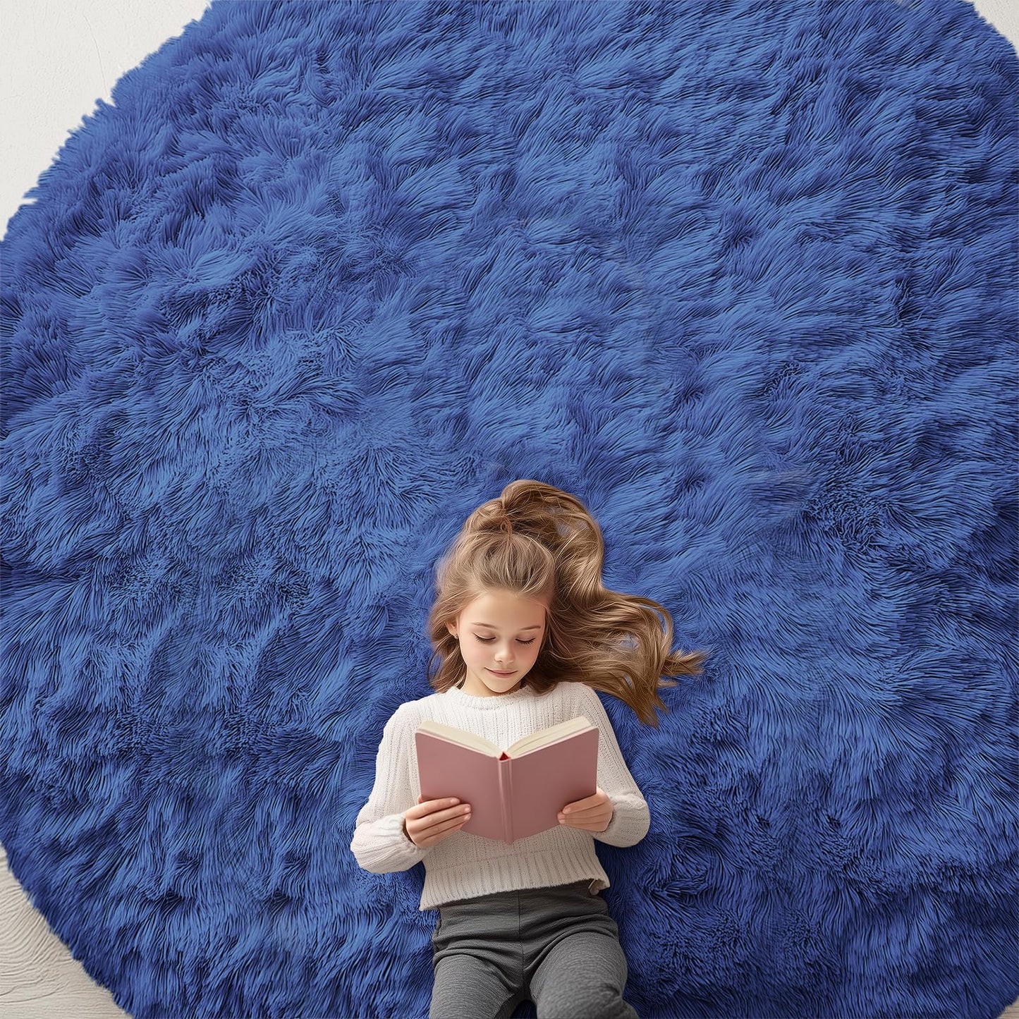 OLANLY Navy Blue Round Rugs for Bedroom - Machine Washable, 9 ft Circle Area Rugs for Living Room, Soft and Fluffy Shaggy Carpet for Teen Girls and Boys, Nursery Rooms, Dorms, Home Decor Aesthetic
