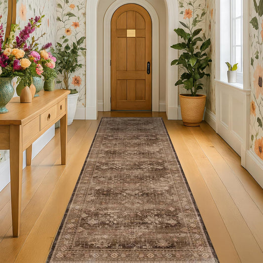 Skiennix Brown Boho Runner Rug - Washable 2x7, Non-Slip, Soft Faux Wool | Pet & Kid Friendly, Stain Resistant