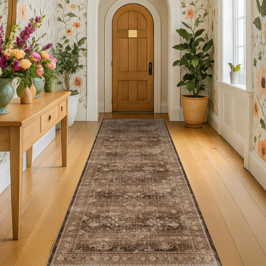 Washable 10ft Long Runners for Hallways, Brown 2'6"x10' Wide Kitchen Runner Rug, Entryway Indoor Rug, Non Slip Rubber Backing Boho Vintage Dark Floor Decor