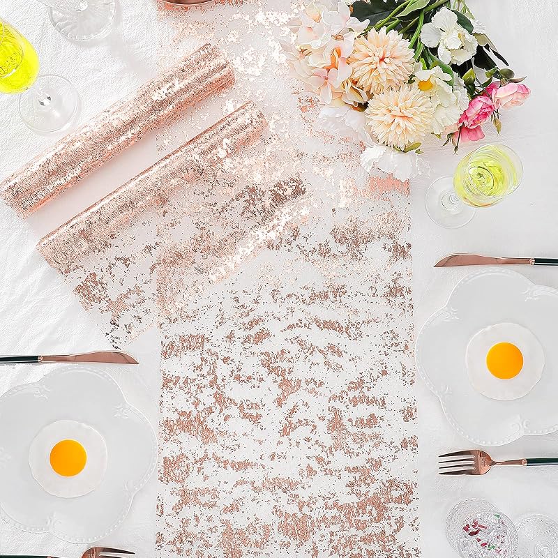 Rose Gold Table Runner Set 3 Pcs 11 x 84 Inch Mesh Sequin Distinctive Elegant
