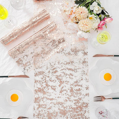 Rose Gold Table Runner Set 3 Pcs 11 x 84 Inch Mesh Sequin Distinctive Elegant