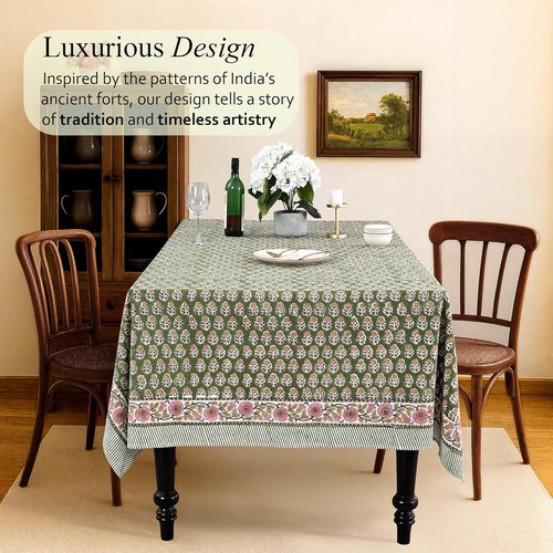CPC Tablecloth - 100% Cotton Indian Block Print | Jade Green 60x90 Inch Rectangle for Weddings & Parties