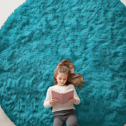 OLANLY Teal Round Area Rug - Soft, Fluffy Shaggy Carpet for Bedroom & Living Room | 9 ft Circle Design