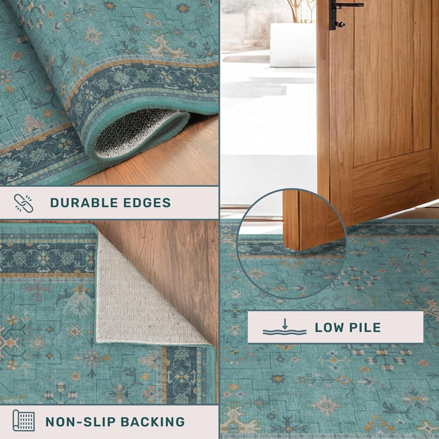 Skiennix Teal Area Rug - Washable Non-Skid Design for Entryway, Kitchen, Bathroom | Boho Geometric 3x4 ft