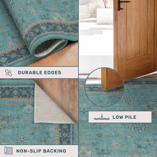 Washable Teal Rugs for Entryway Indoor - 3x5 Throw Rug for Large Kitchen, Bedroom Bedside, Bathroom, Mudroom, Boho Turquoise Modern Décor, Non Slip Low Pile Fade Resistant