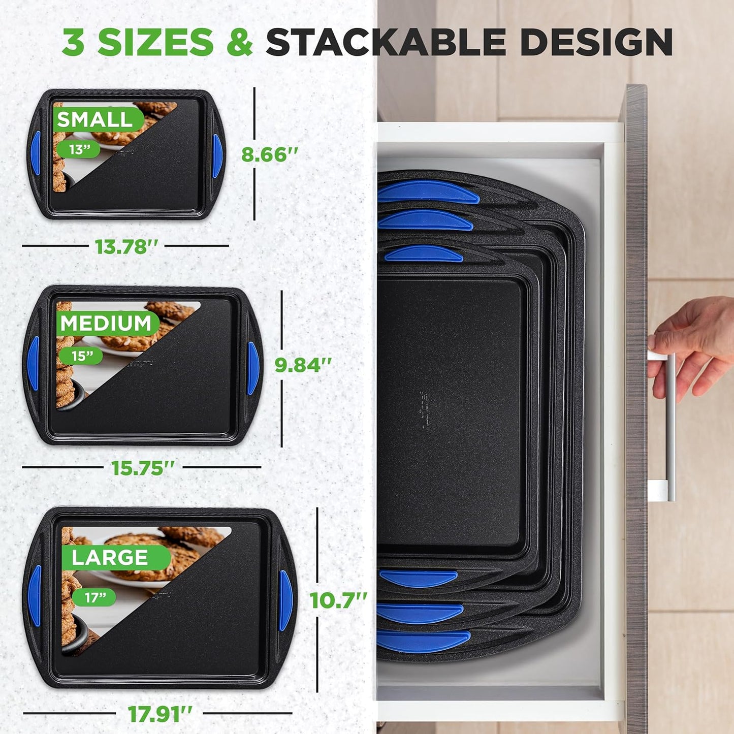 NutriChef Nonstick Cookie Sheets Set - 3-Piece Carbon Steel Bakeware with Silicone Handles | Durable & Oven Safe