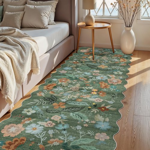Washable 3x10 Hallway Runner Rug: Floral Scalloped Soft Runners for Entryway Kitchen Nursery Non Slip Bathroom Floor Mat Water Resistant Light Weight Carpet for Living Room Bedroom (3x10 Floral/Green)