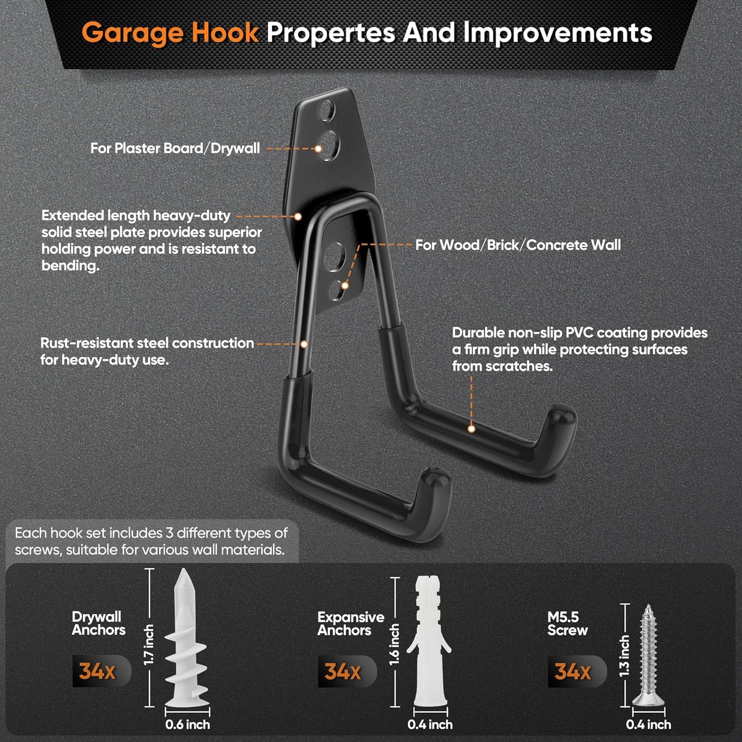 Nacial Heavy-Duty Garage Hooks - 18 Pack Utility Steel Wall Mount Storage for Bikes, Ladders & Tools