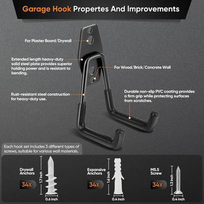 Nacial Heavy-Duty Garage Hooks - 18 Pack Utility Steel Wall Mount Storage for Bikes, Ladders & Tools