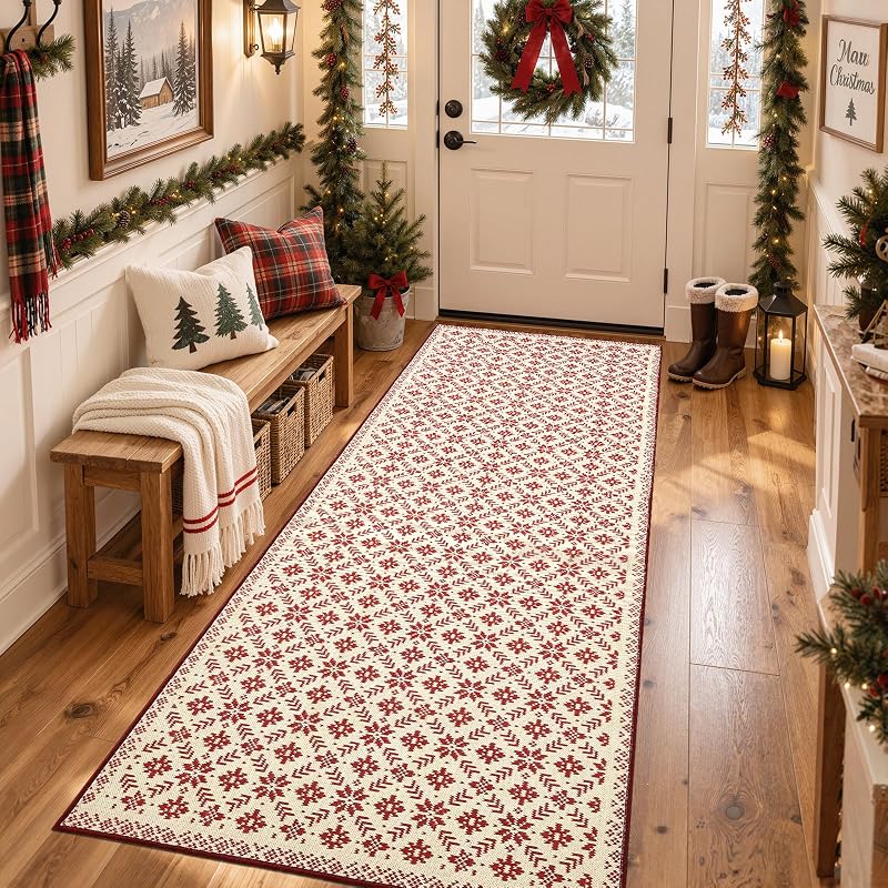 Jinchan Christmas Runner Rug 3x8 - Knit Snowflake Print, Ivory & Red (Variation: Knit Red on Ivory+3' x 8')