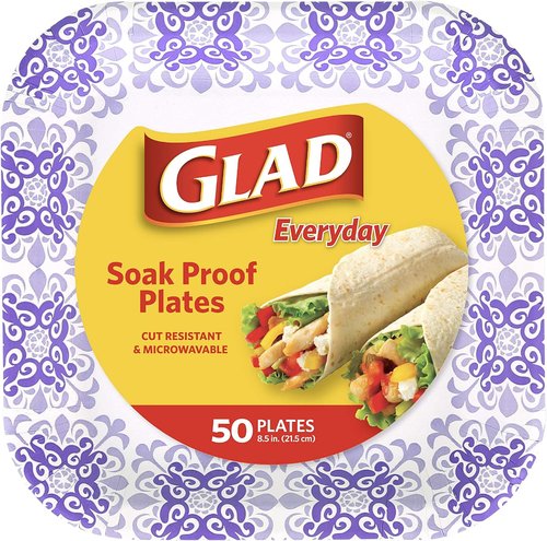 Glad Disposable Paper Plates - Soak Proof & Cut Proof | Heavy Duty, Microwaveable | 8.5" Diameter, 50 Count