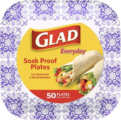 Glad Disposable Paper Plates - Soak Proof & Cut Proof | Heavy Duty, Microwaveable | 8.5" Diameter, 50 Count