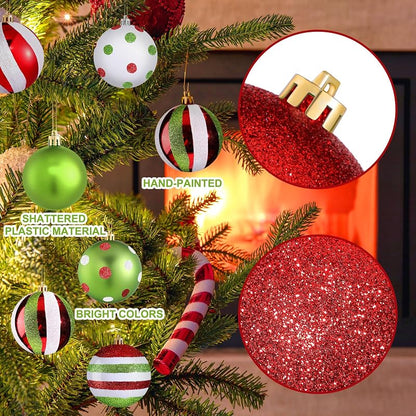 Christmas Ball Ornaments Set - 36 Pcs Red & Green, Glitter & Swirl Design