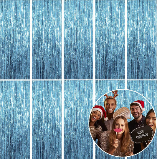 Skiennix Foil Curtain Backdrop - 10 Pack Blue Metallic Tinsel Fringe for Parties & Celebrations