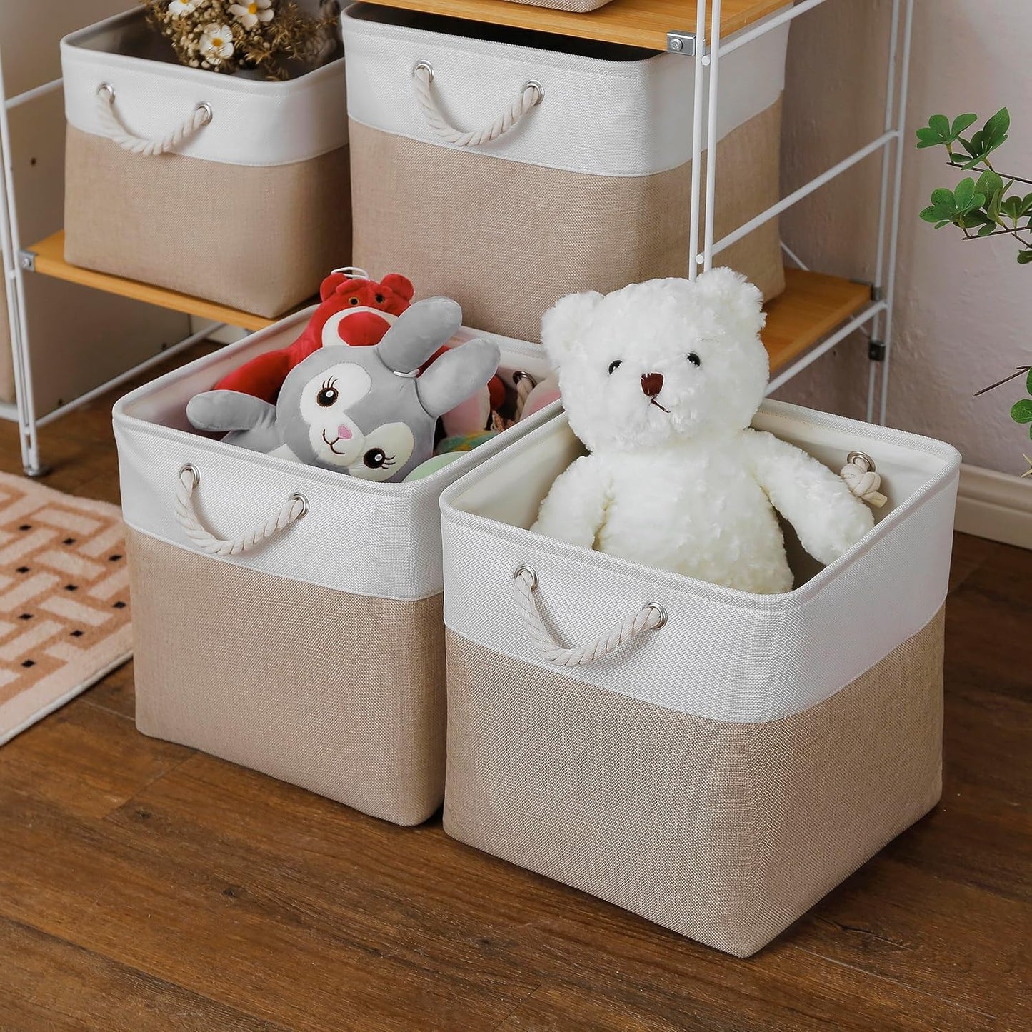 MidmmVick Cube Storage Bins - 13 x 13 Inch Collapsible Fabric Bins, 4 Pack for Home & Office | White & Beige