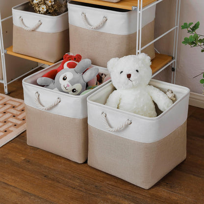 MidmmVick Cube Storage Bins - 13 x 13 Inch Collapsible Fabric Bins, 4 Pack for Home & Office | White & Beige