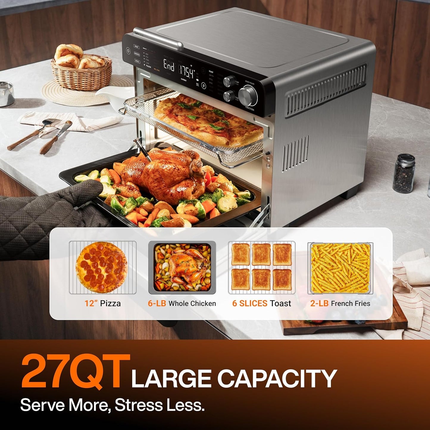 Typhur Sync Oven - 12-in-1 Countertop Air Fryer Toaster Oven Combo with Smart AI Thermometer | Large 27QT Stainless Steel