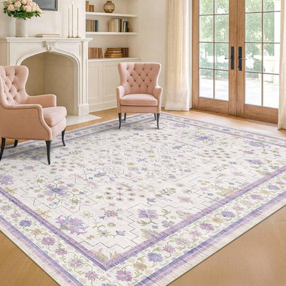 Hazo Haus Purple Area Rug - Non-Slip, Machine Washable 4x6 Floral Design for Girls' Bedroom & Nursery