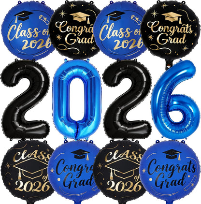 PartyWoo Graduation Balloons - Class of 2026 Foil Number & Mylar Balloons | 12pcs in Black, Blue & Gold