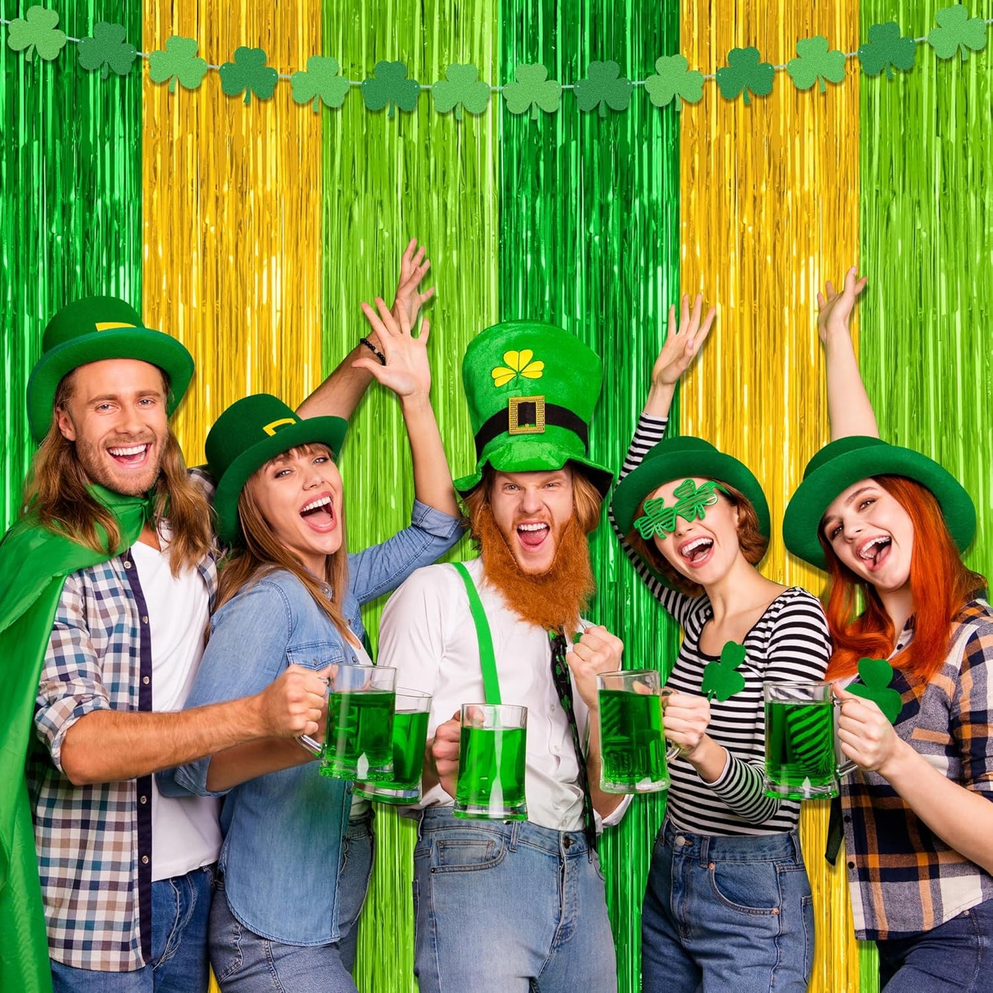 St. Patrick's Day Party Decorations - 2 Pack Green & Gold Backdrop Curtains | 3.28 FT x 7.05 FT Metallic Fringe