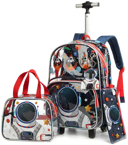 MOHCO Clear Rolling Backpack Kids Wheeled School Bookbag for Boys and Girls (Astronaut)