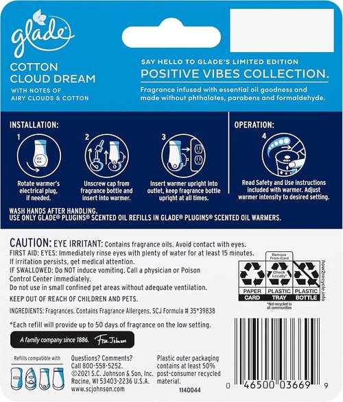 Glade PlugIns Refills Air Freshener - Cotton Cloud Dream Scented Essential Oils, 1.34 Oz, 2 Count