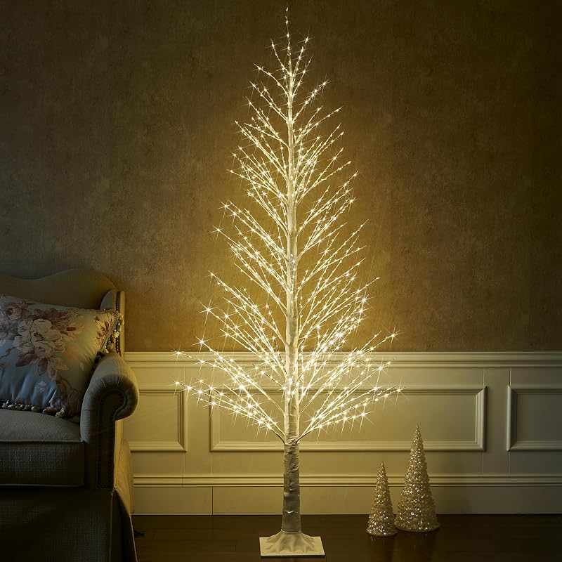 Lighted Alpine Tree 6FT with 810 LED Warm White Lights - White Bark Finish, Ground Stakes Included