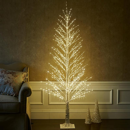 Lighted Alpine Tree 6FT with 810 LED Warm White Lights - White Bark Finish, Ground Stakes Included